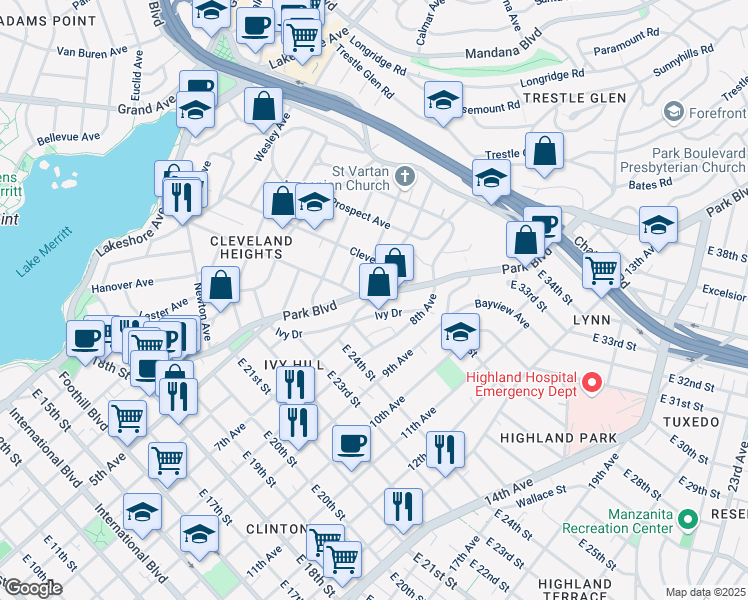 map of restaurants, bars, coffee shops, grocery stores, and more near 2558 Ivy Drive in Oakland