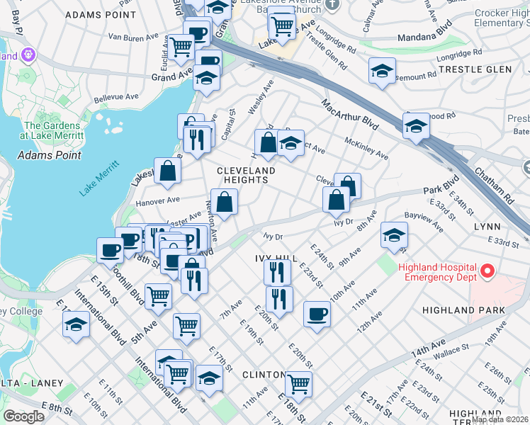 map of restaurants, bars, coffee shops, grocery stores, and more near in Oakland