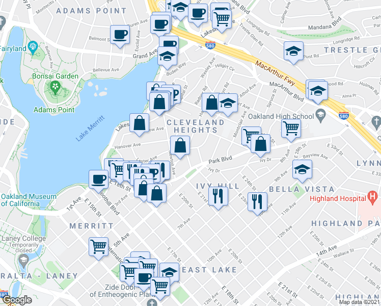 map of restaurants, bars, coffee shops, grocery stores, and more near 308 Haddon Road in Oakland