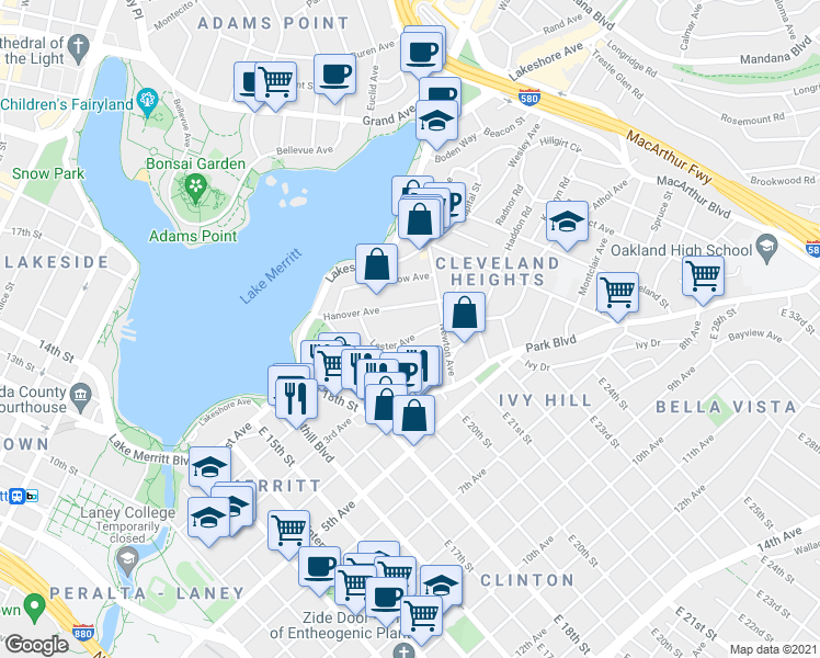 map of restaurants, bars, coffee shops, grocery stores, and more near 257 Athol Avenue in Oakland