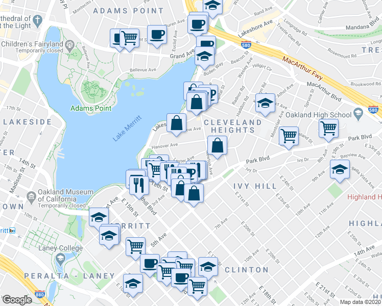 map of restaurants, bars, coffee shops, grocery stores, and more near 257 Athol Avenue in Oakland
