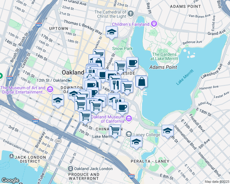 map of restaurants, bars, coffee shops, grocery stores, and more near 184 13th Street in Oakland
