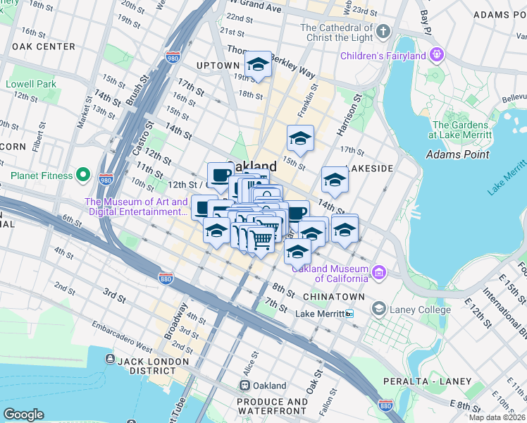 map of restaurants, bars, coffee shops, grocery stores, and more near in Oakland