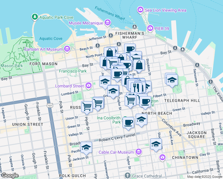 map of restaurants, bars, coffee shops, grocery stores, and more near 925 Greenwich Street in San Francisco
