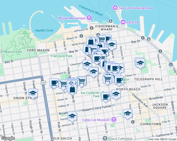 map of restaurants, bars, coffee shops, grocery stores, and more near 1020 Greenwich Street in San Francisco