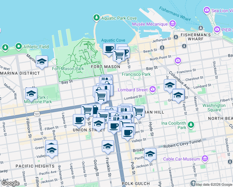 map of restaurants, bars, coffee shops, grocery stores, and more near 2800 Van Ness Avenue in San Francisco