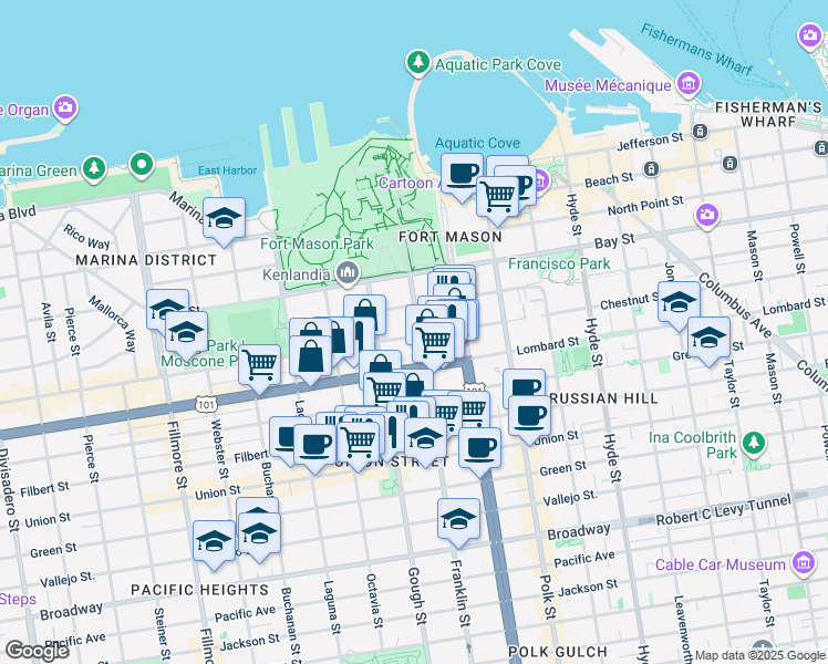 map of restaurants, bars, coffee shops, grocery stores, and more near 1530 Lombard Street in San Francisco