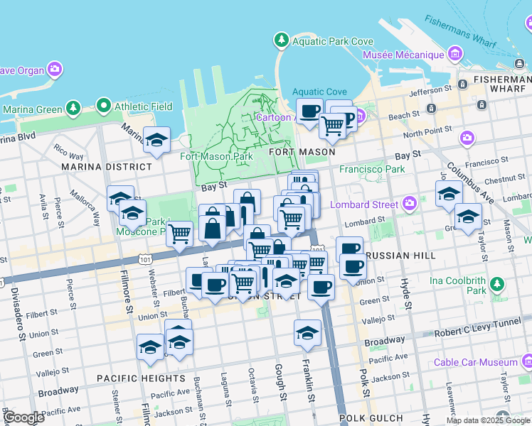 map of restaurants, bars, coffee shops, grocery stores, and more near 1530 Lombard Street in San Francisco