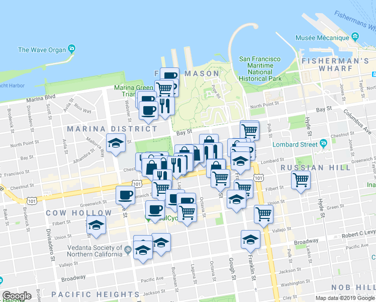 map of restaurants, bars, coffee shops, grocery stores, and more near in San Francisco