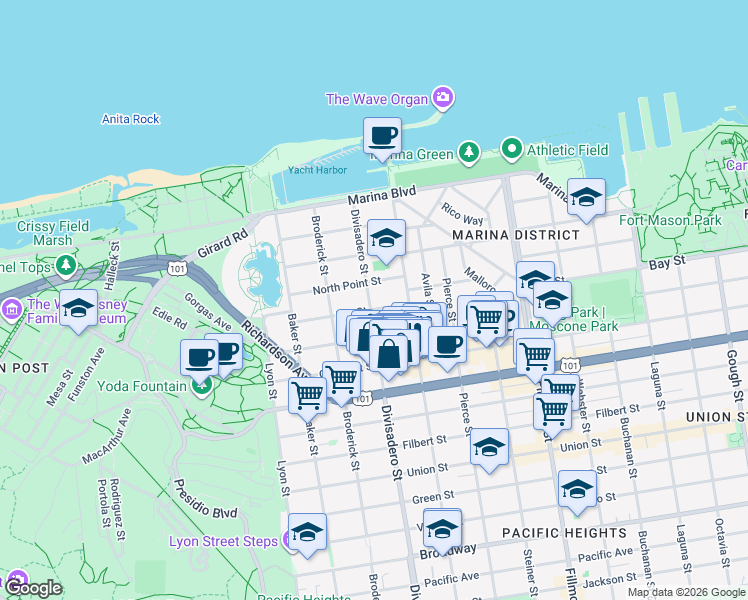 map of restaurants, bars, coffee shops, grocery stores, and more near 3445 Divisadero Street in San Francisco