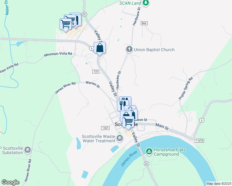 map of restaurants, bars, coffee shops, grocery stores, and more near 140 Hardware Street in Scottsville