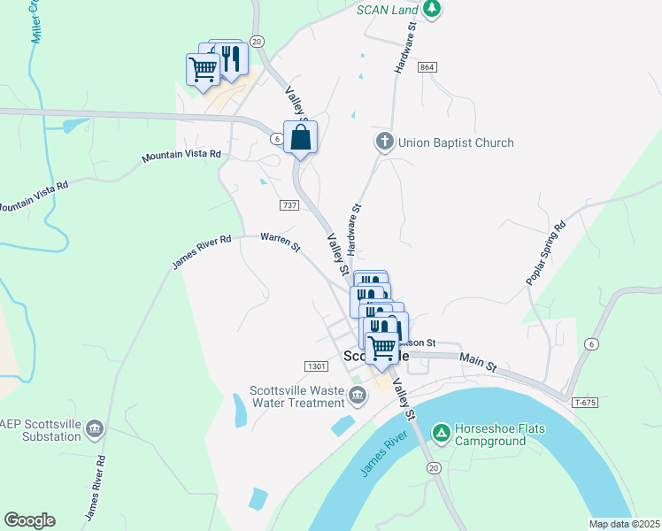 map of restaurants, bars, coffee shops, grocery stores, and more near 220 Warren St in Scottsville