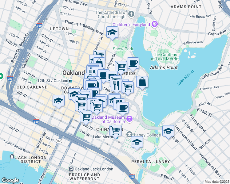 map of restaurants, bars, coffee shops, grocery stores, and more near 184 13th Street in Oakland