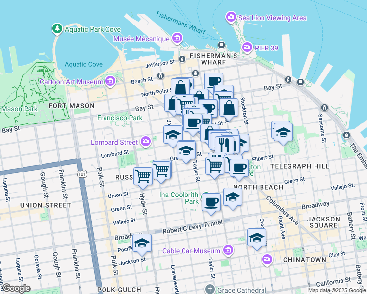 map of restaurants, bars, coffee shops, grocery stores, and more near 925 Greenwich Street in San Francisco