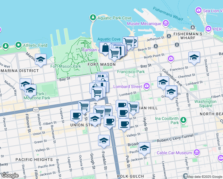 map of restaurants, bars, coffee shops, grocery stores, and more near 1237 Chestnut Street in San Francisco