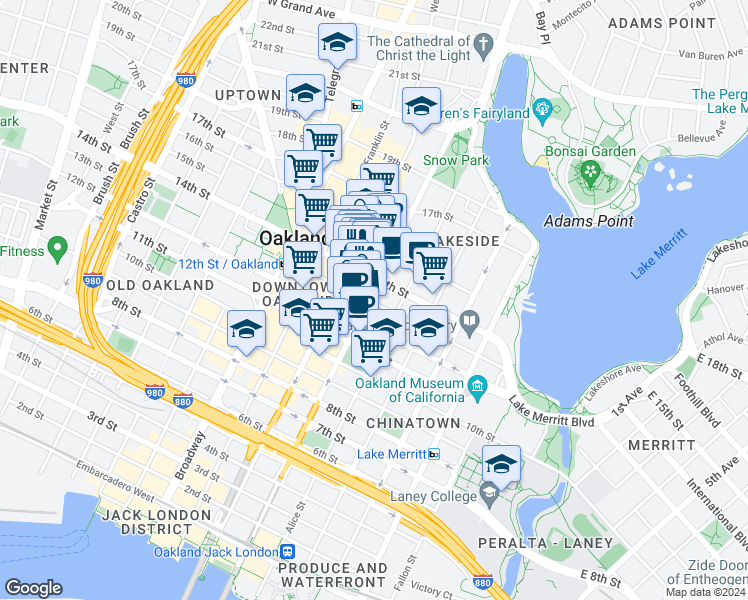 map of restaurants, bars, coffee shops, grocery stores, and more near 260 13th Street in Oakland
