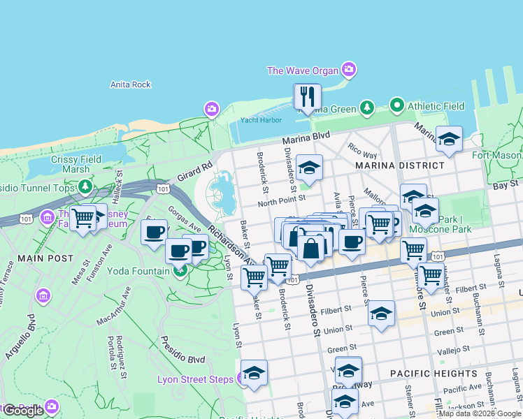 map of restaurants, bars, coffee shops, grocery stores, and more near 3524 Broderick Street in San Francisco