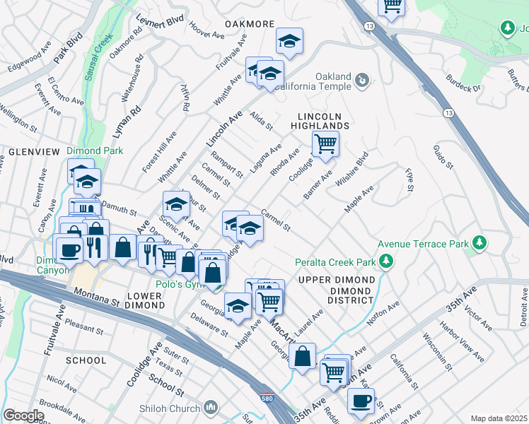 map of restaurants, bars, coffee shops, grocery stores, and more near Coolidge Avenue & Carmel Street in Oakland