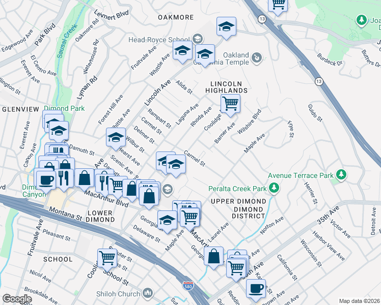 map of restaurants, bars, coffee shops, grocery stores, and more near 3928 Rhoda Avenue in Oakland
