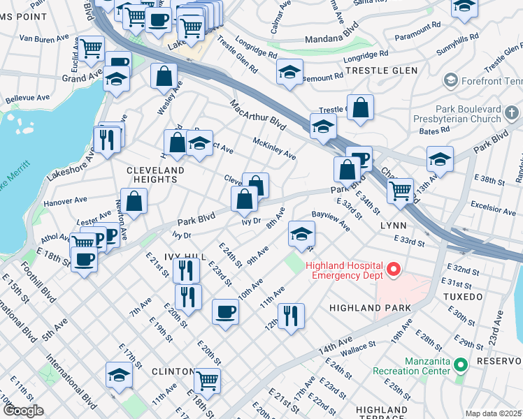 map of restaurants, bars, coffee shops, grocery stores, and more near 2760 Park Boulevard in Oakland
