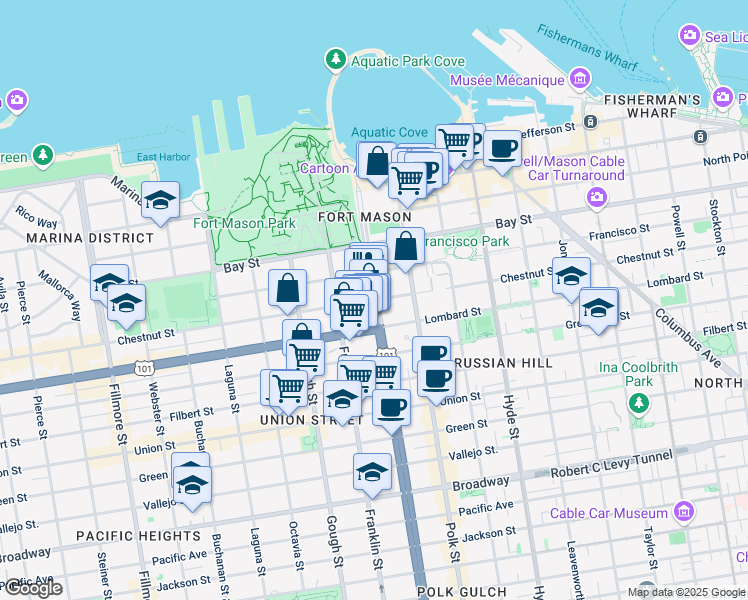 map of restaurants, bars, coffee shops, grocery stores, and more near Van Ness Ave & Chestnut St in San Francisco