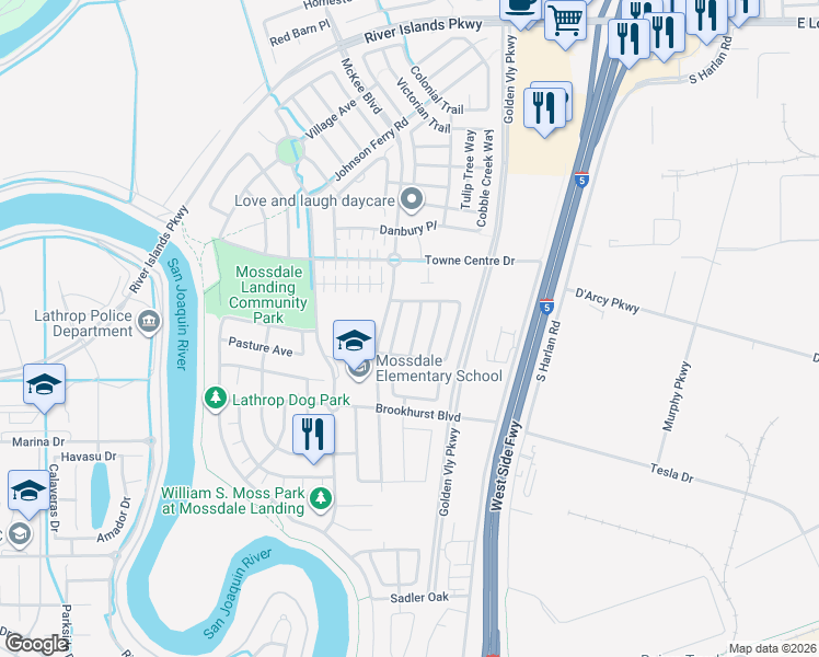 map of restaurants, bars, coffee shops, grocery stores, and more near 17350 Pheasant Downs Road in Lathrop