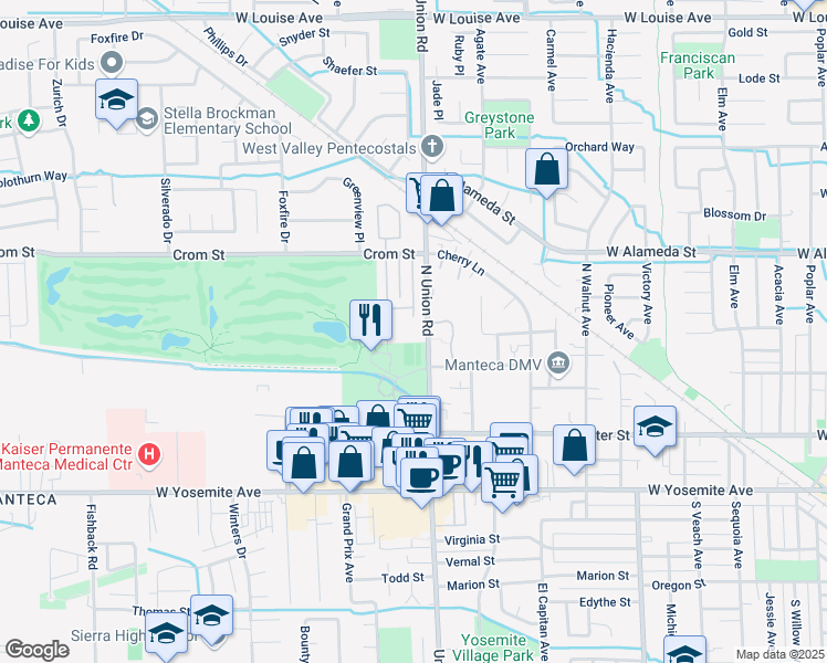 map of restaurants, bars, coffee shops, grocery stores, and more near 412 Golf Circle in Manteca