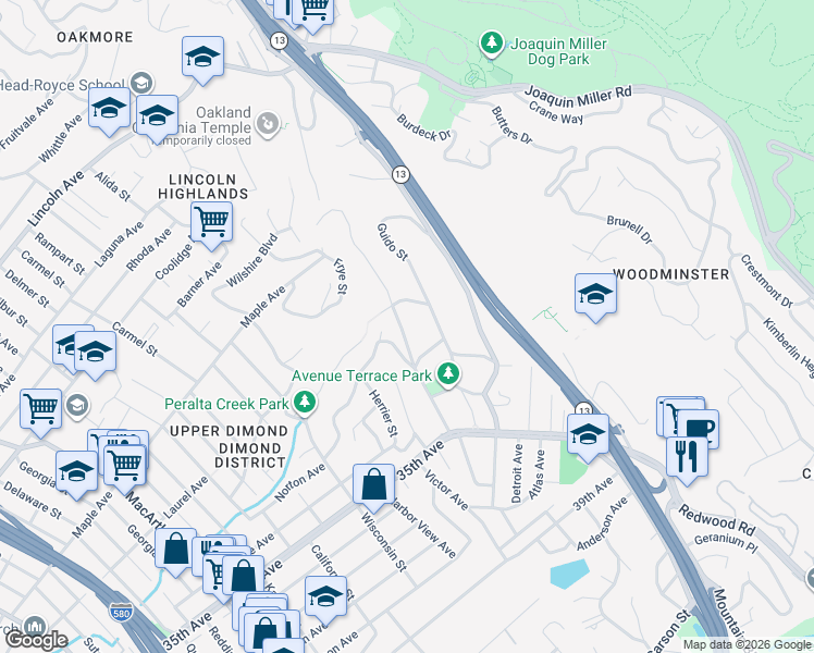 map of restaurants, bars, coffee shops, grocery stores, and more near 4380 Rettig Avenue in Oakland