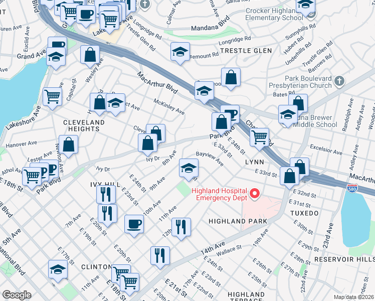 map of restaurants, bars, coffee shops, grocery stores, and more near 2982 Park Boulevard in Oakland