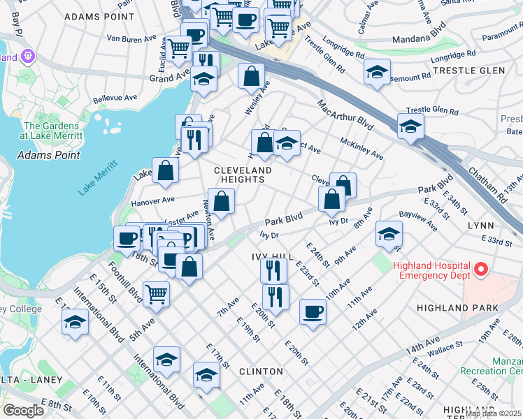 map of restaurants, bars, coffee shops, grocery stores, and more near 438 Athol Avenue in Oakland