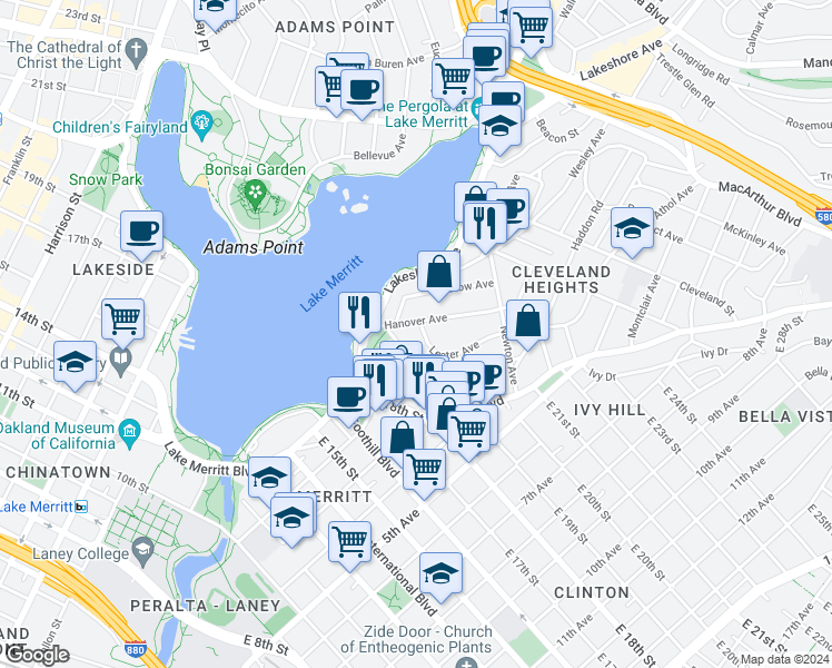 map of restaurants, bars, coffee shops, grocery stores, and more near 321 Wayne Avenue in Oakland