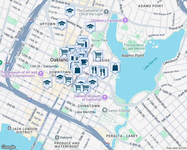 map of restaurants, bars, coffee shops, grocery stores, and more near 1505 Jackson Street in Oakland
