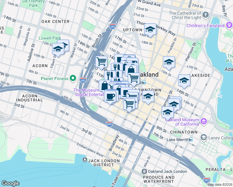 map of restaurants, bars, coffee shops, grocery stores, and more near 555 12th Street in Oakland