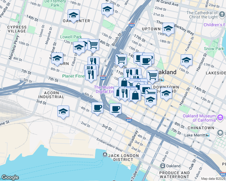 map of restaurants, bars, coffee shops, grocery stores, and more near in Oakland