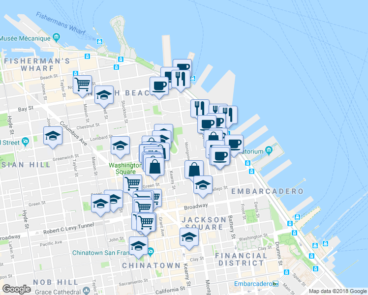 map of restaurants, bars, coffee shops, grocery stores, and more near 287 Greenwich Street in San Francisco