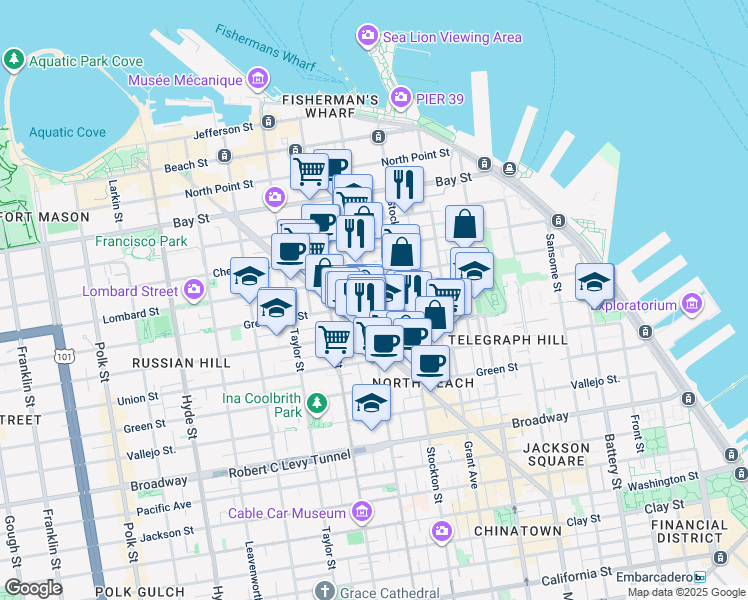 map of restaurants, bars, coffee shops, grocery stores, and more near 636 Greenwich Street in San Francisco