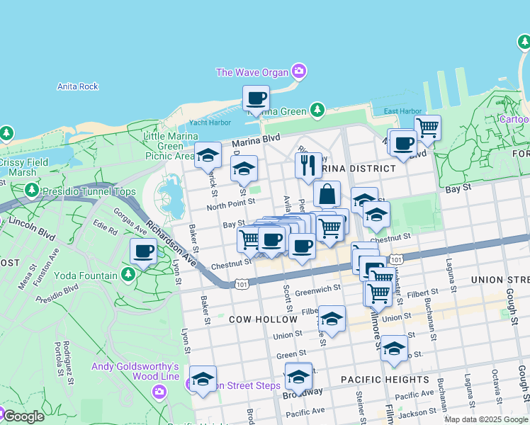 map of restaurants, bars, coffee shops, grocery stores, and more near 2100 North Point Street in San Francisco