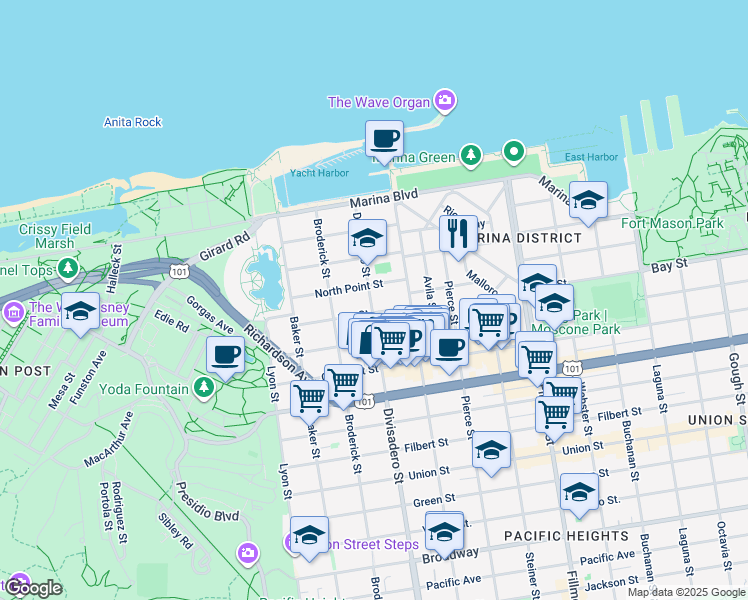 map of restaurants, bars, coffee shops, grocery stores, and more near 3617 Divisadero Street in San Francisco