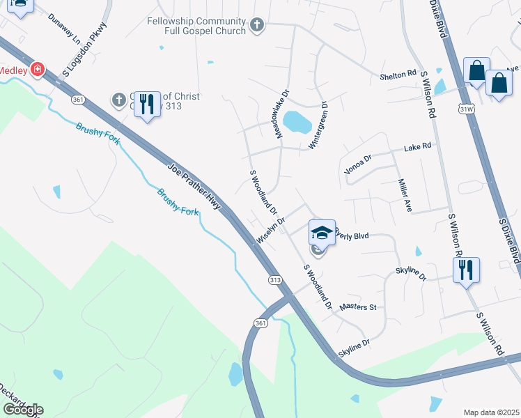 map of restaurants, bars, coffee shops, grocery stores, and more near 4101 South Woodland Drive in Radcliff