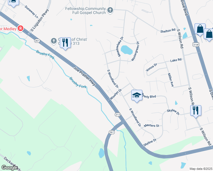 map of restaurants, bars, coffee shops, grocery stores, and more near 4101 South Woodland Drive in Radcliff
