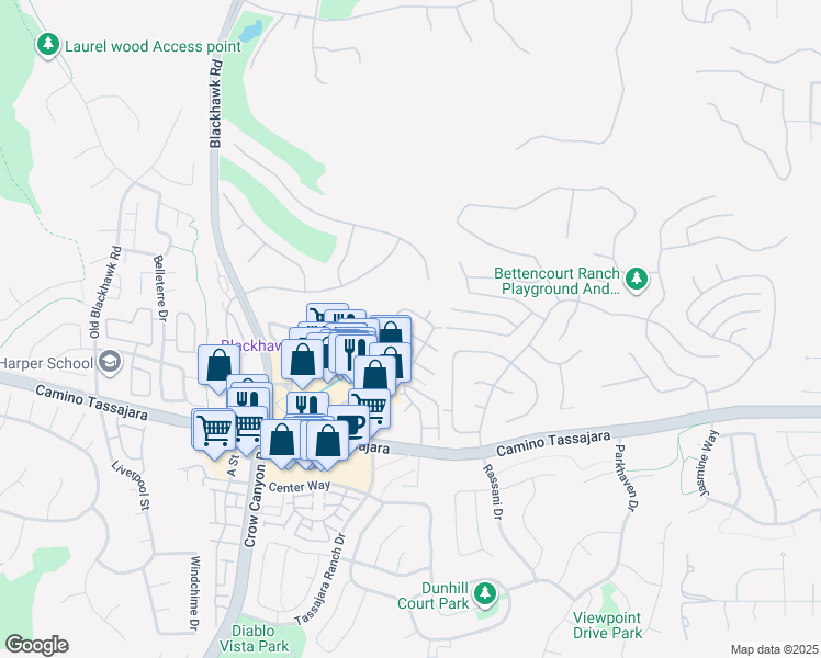 map of restaurants, bars, coffee shops, grocery stores, and more near 4354 Conejo Drive in Danville