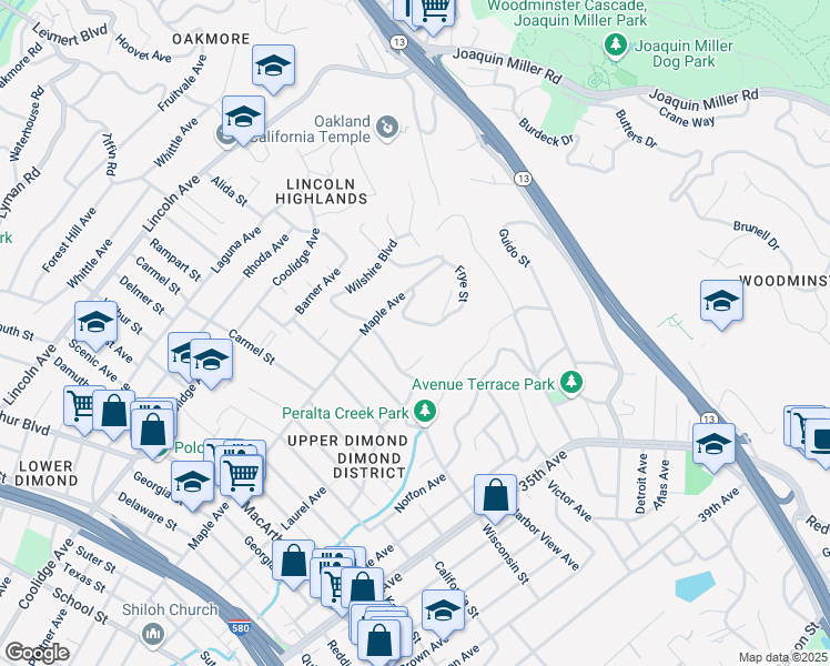 map of restaurants, bars, coffee shops, grocery stores, and more near 3076 Frye Street in Oakland