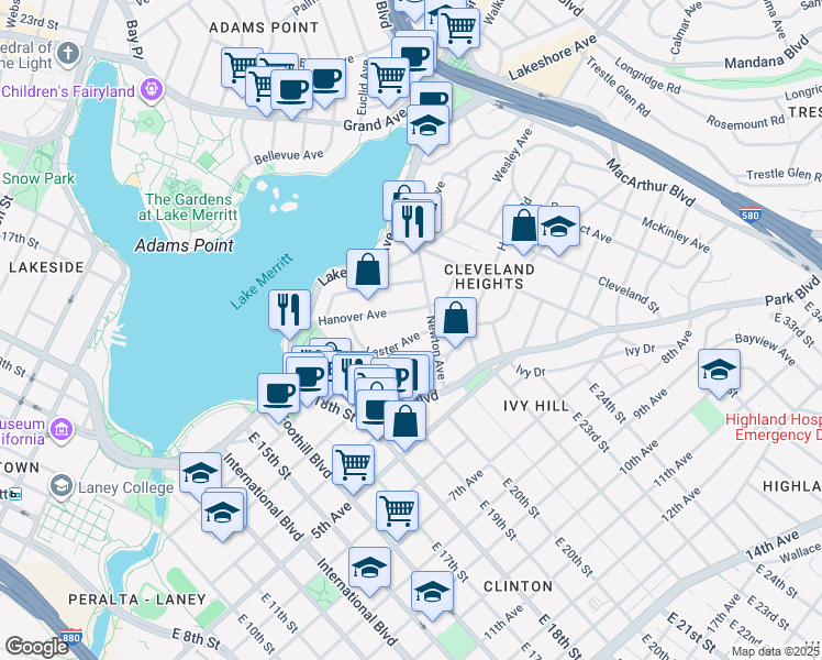 map of restaurants, bars, coffee shops, grocery stores, and more near 353 Lester Avenue in Oakland