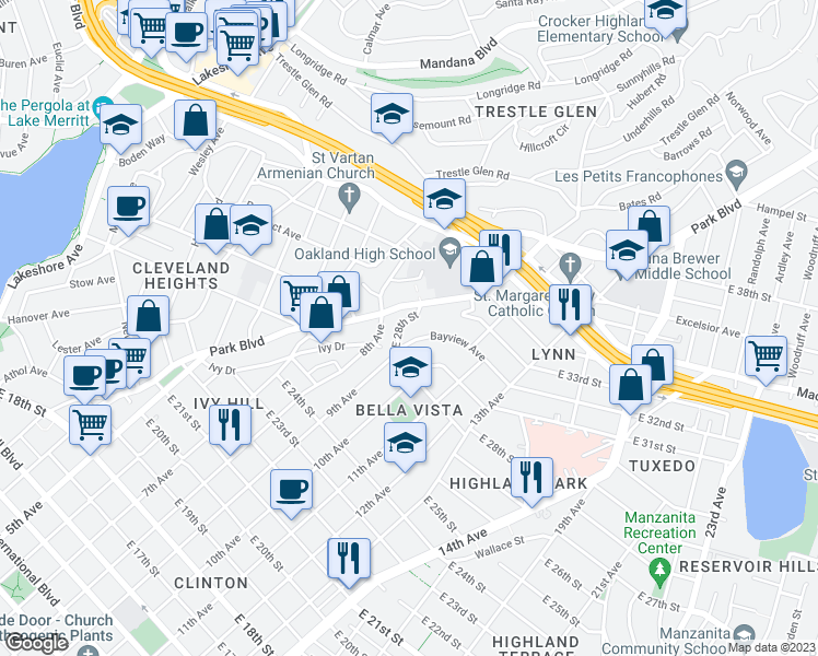map of restaurants, bars, coffee shops, grocery stores, and more near 2982 Park Boulevard in Oakland