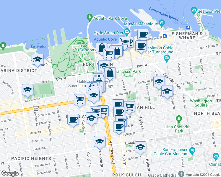 map of restaurants, bars, coffee shops, grocery stores, and more near 1207 Chestnut Street in San Francisco