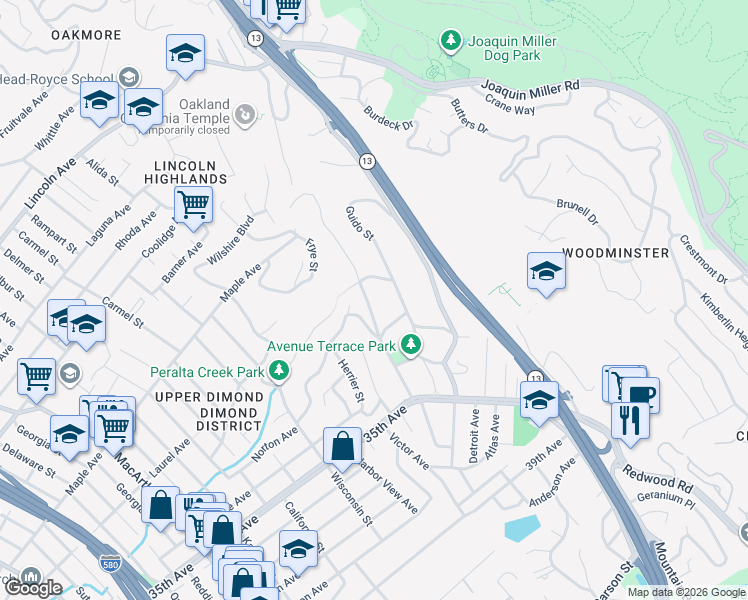 map of restaurants, bars, coffee shops, grocery stores, and more near 4380 Rettig Avenue in Oakland