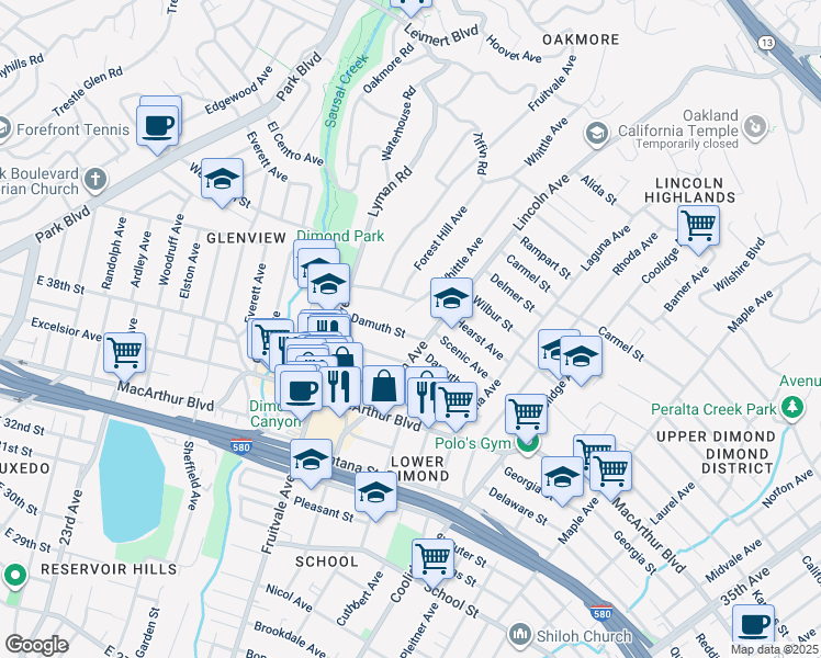 map of restaurants, bars, coffee shops, grocery stores, and more near 2302 Damuth Street in Oakland