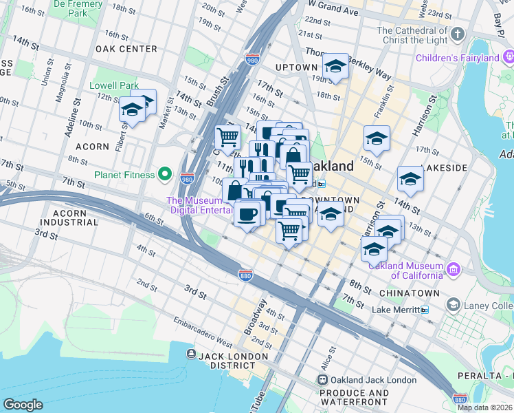 map of restaurants, bars, coffee shops, grocery stores, and more near 555 12th Street in Oakland