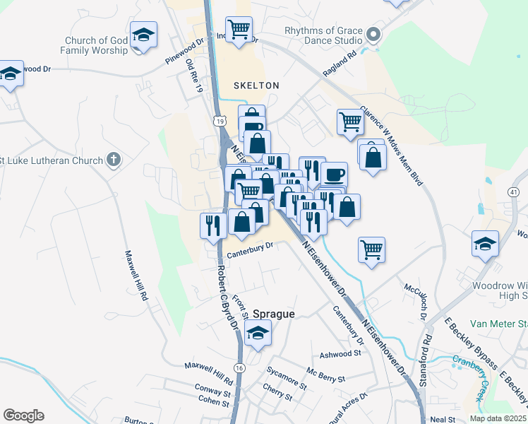 map of restaurants, bars, coffee shops, grocery stores, and more near Beckley Crossing Shopping Center in Beckley