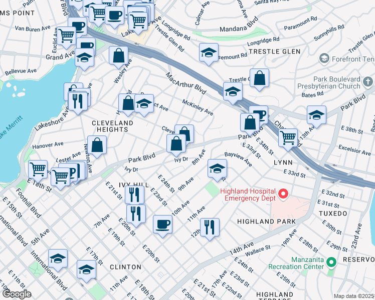 map of restaurants, bars, coffee shops, grocery stores, and more near 2754 Park Boulevard in Oakland